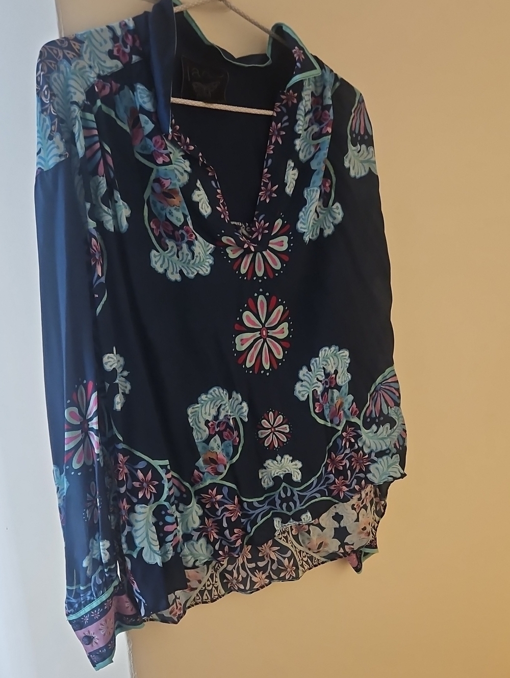 Johnny Was Navy Floral Henley Tunic with Aqua & Pink Motifs